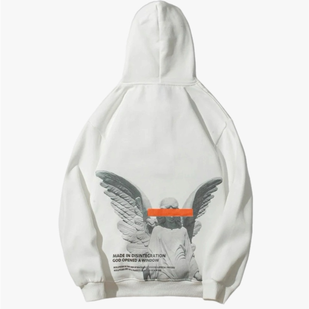 White Graphic Hoodie with Angel Print and Orange Accent